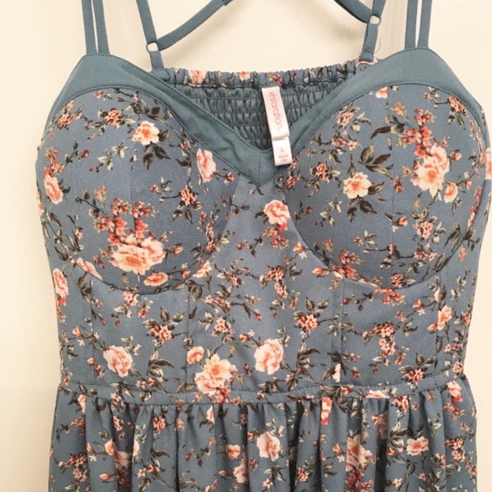 Blue Mid Length Dress with Floral Accents